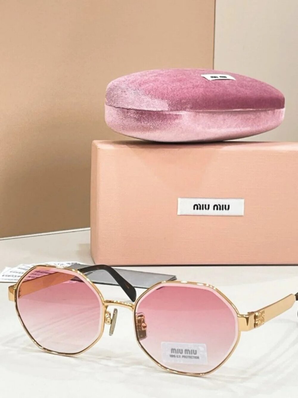 🕶️ Miu Miu Gold Geometric Sunglasses with Pink Gradient Lenses ✨